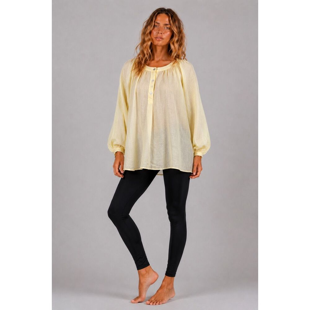 NWT Zara Yellow Ramie Peasant Blouse Balloon Sleeve Sheer Boho Top Size M (122)